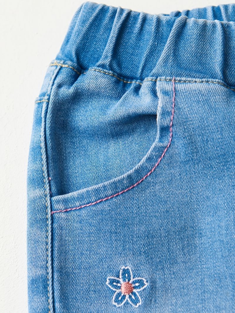 Piger Casual Vintage Elastiske Denim Jeans Med Blomsterbroderi Til Vinter