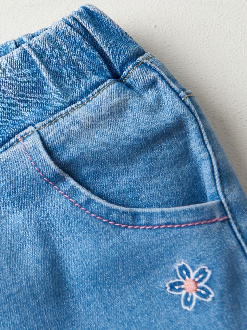 Piger Casual Vintage Elastiske Denim Jeans Med Blomsterbroderi Til Vinter