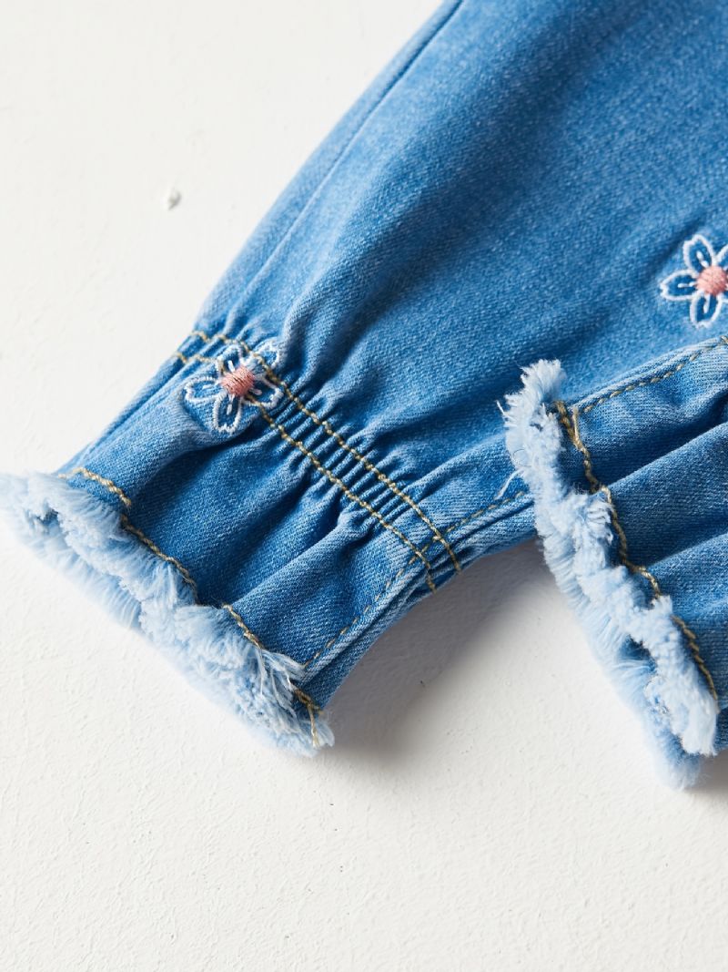 Piger Casual Vintage Elastiske Denim Jeans Med Blomsterbroderi Til Vinter