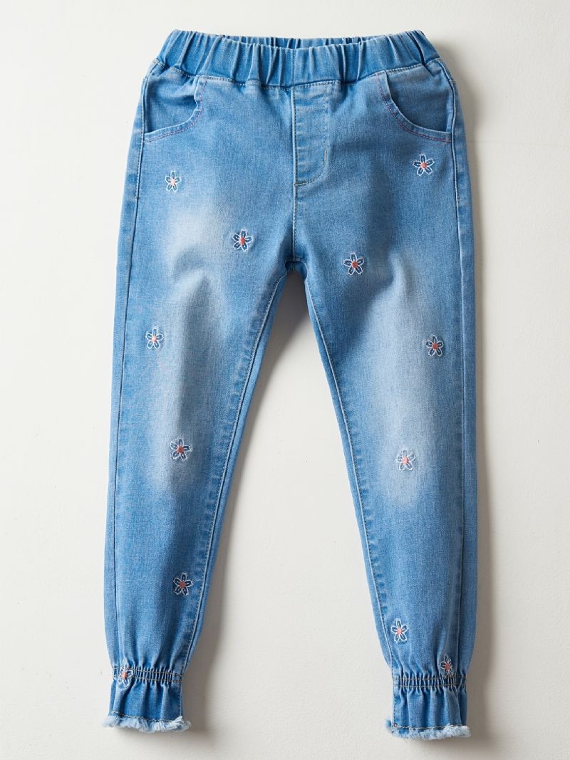 Piger Casual Vintage Elastiske Denim Jeans Med Blomsterbroderi Til Vinter