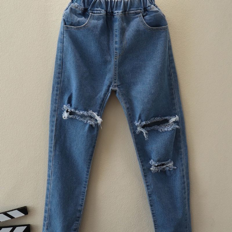 Piger Ensfarvede Stretch Rippede Jeans