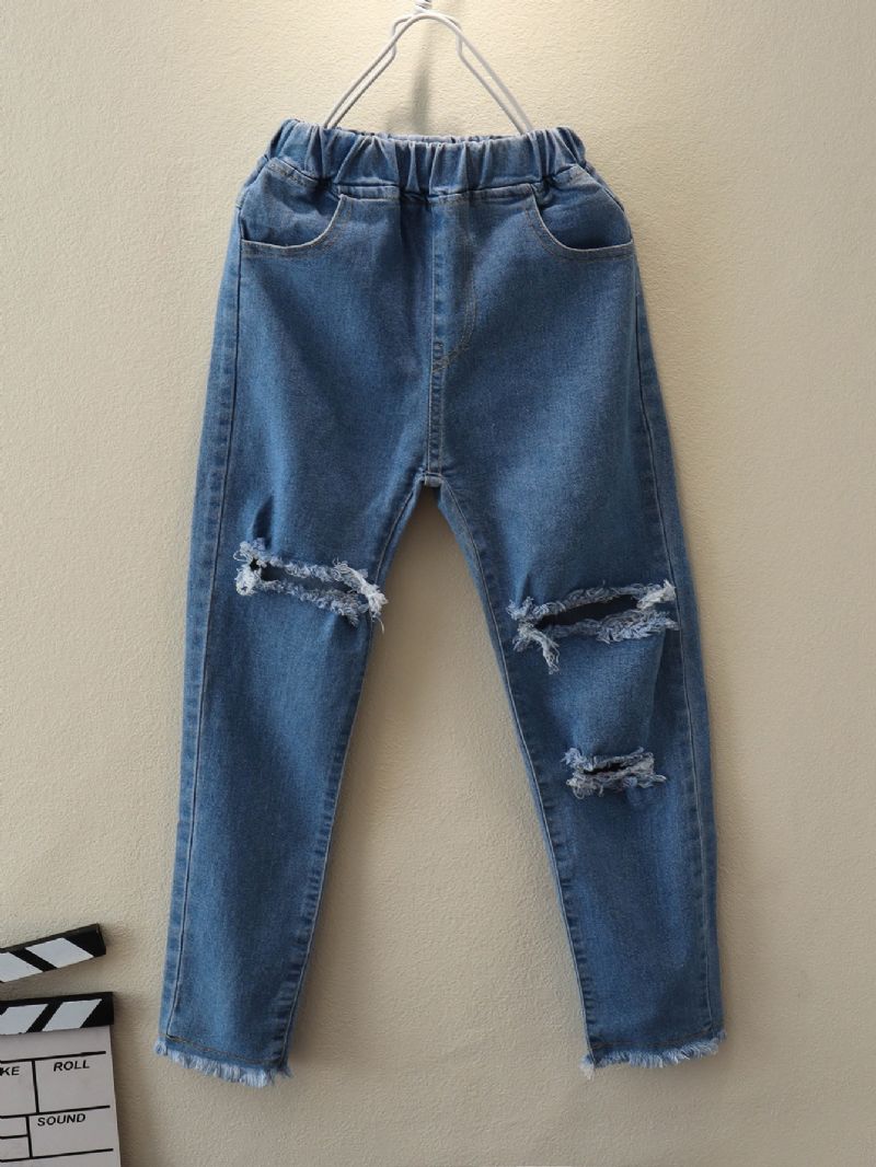 Piger Ensfarvede Stretch Rippede Jeans