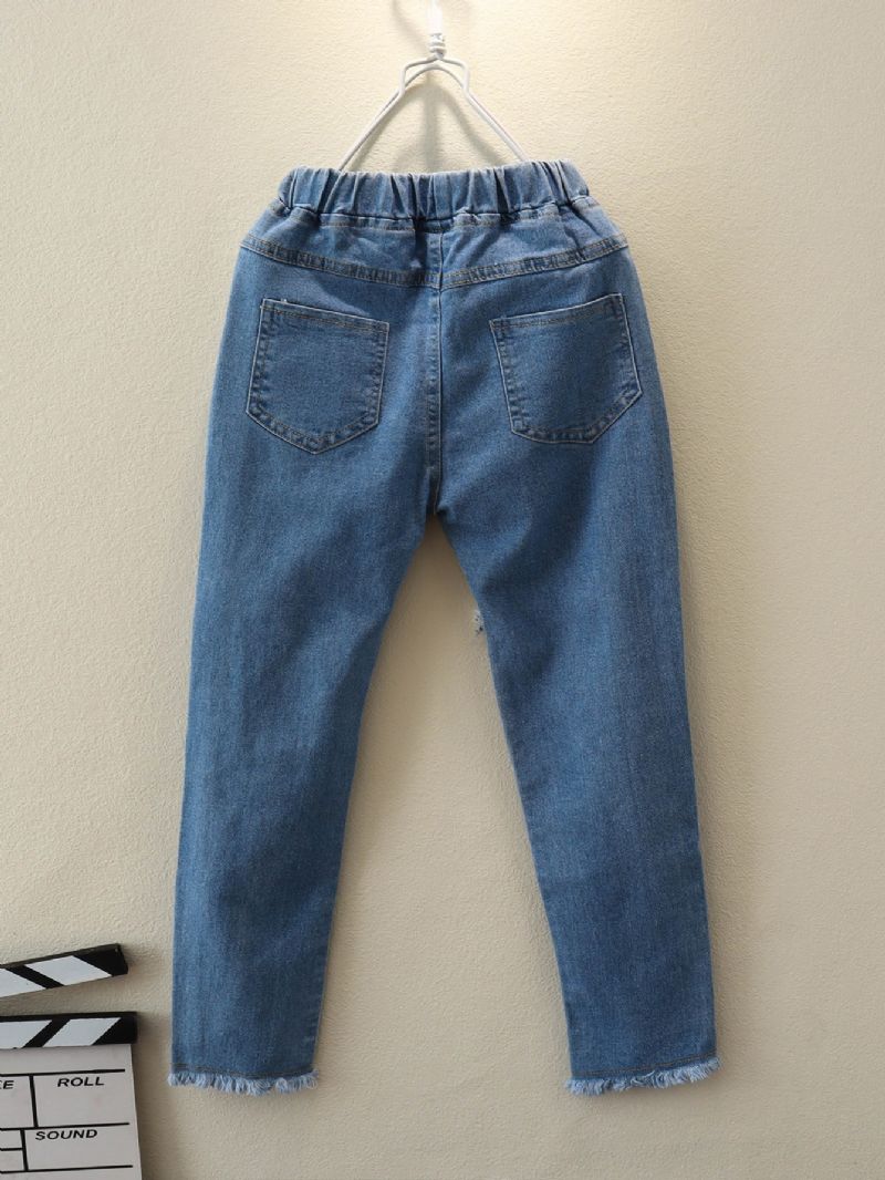 Piger Ensfarvede Stretch Rippede Jeans