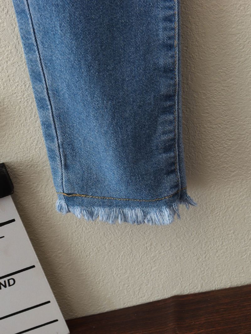 Piger Ensfarvede Stretch Rippede Jeans