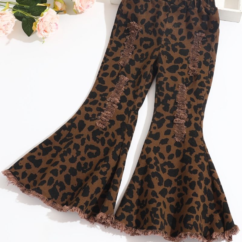 Piger Flared Bottom Leopard Ripped Denim Jeans Børnetøj Outfits