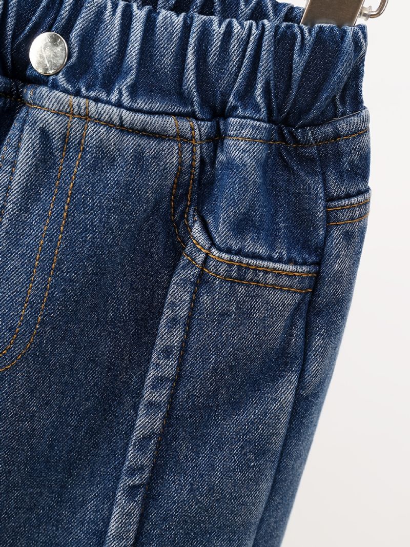 Piger Jeans Med Lige Ben Casual Plys Varm Elastisk Talje Denimbukser Børnetøj