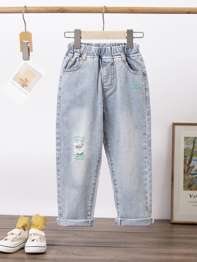 Piger Ripped Jeans Brev Blomster Print Elastisk Talje Denimbukser Børnetøj