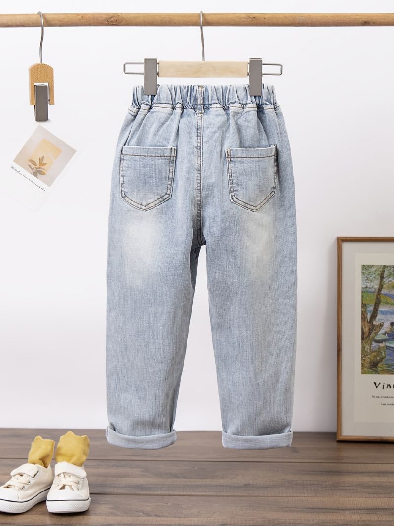 Piger Ripped Jeans Brev Blomster Print Elastisk Talje Denimbukser Børnetøj