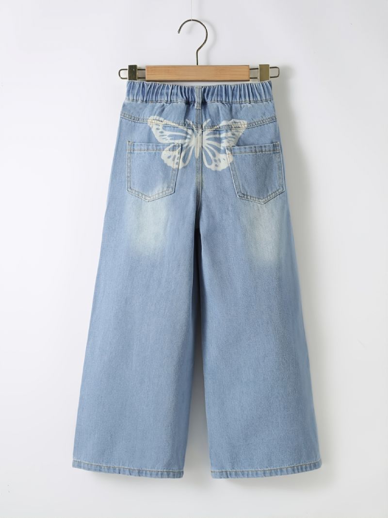 Piger Ripped Wide Leg Butterfly Back Print Denim Jeans Børnetøj