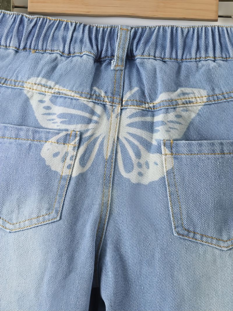 Piger Ripped Wide Leg Butterfly Back Print Denim Jeans Børnetøj