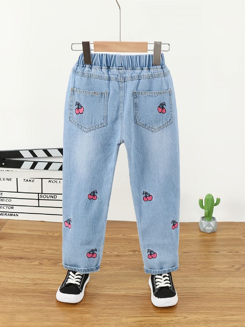 Piger Sød Cherry Broderi Denim Casual Jeans Efterår Vinter