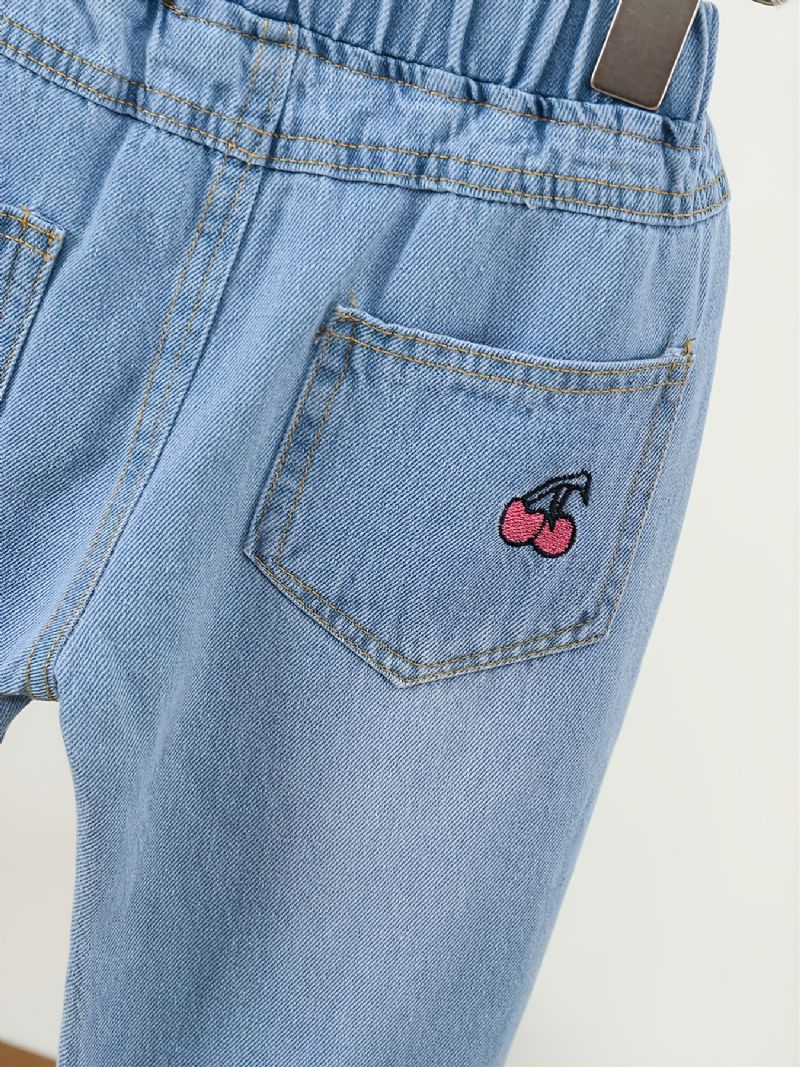 Piger Sød Cherry Broderi Denim Casual Jeans Efterår Vinter