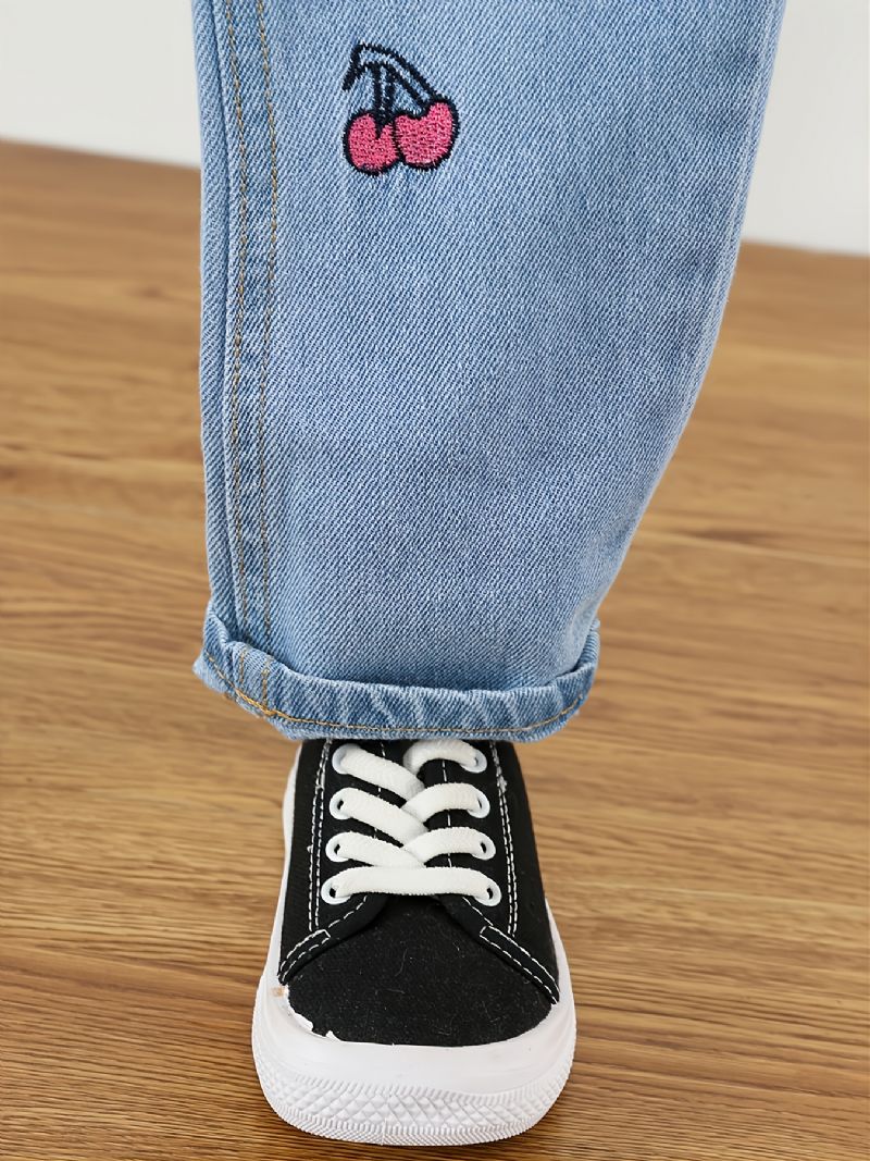 Piger Sød Cherry Broderi Denim Casual Jeans Efterår Vinter