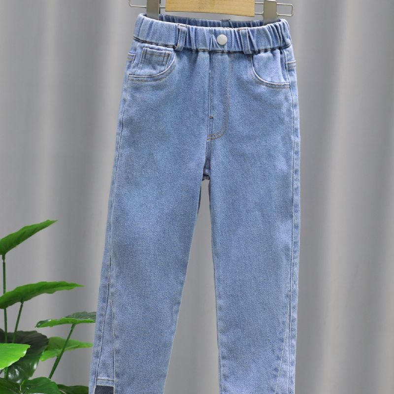 Piger Solid Denim Elegante Jeans Med Sidelommer Casual Bukser