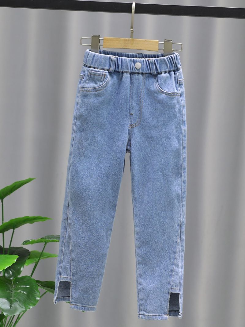 Piger Solid Denim Elegante Jeans Med Sidelommer Casual Bukser