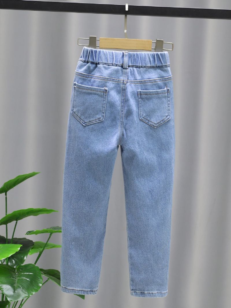 Piger Solid Denim Elegante Jeans Med Sidelommer Casual Bukser