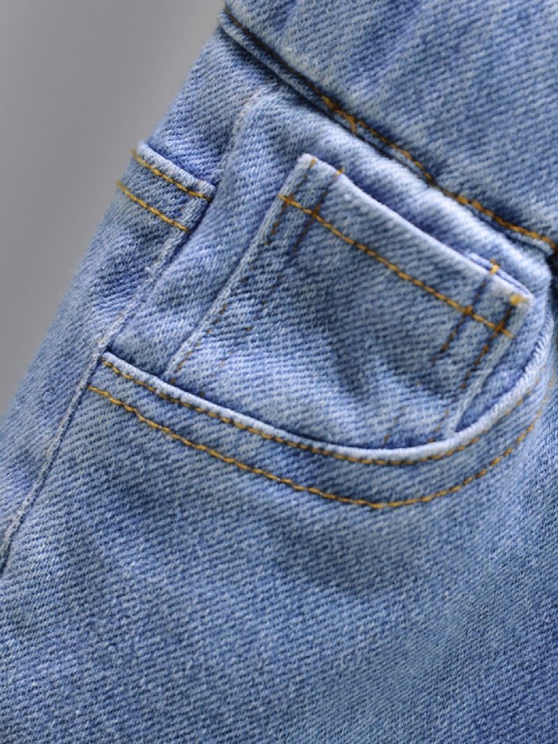 Piger Solid Denim Elegante Jeans Med Sidelommer Casual Bukser