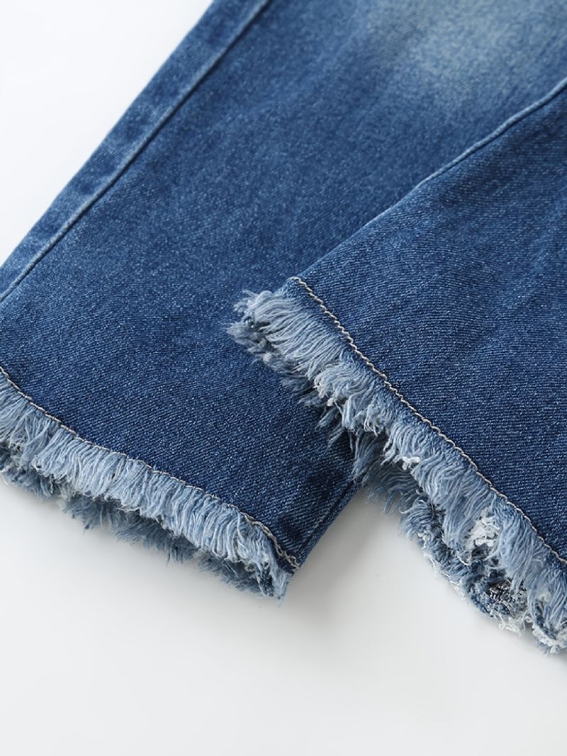 Teenagepiger Raw Hem-jeans Med Elastisk Taljedesign Til Efterår Og Vinter Ny