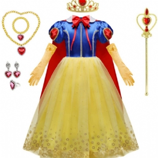 9 Stk Piger Snehvide Kjole Kostume Prinsesse Smykker Handsker Kron & Tryllestav Outfits Til Juleaftens Fest Fødselsdag Børnetøj