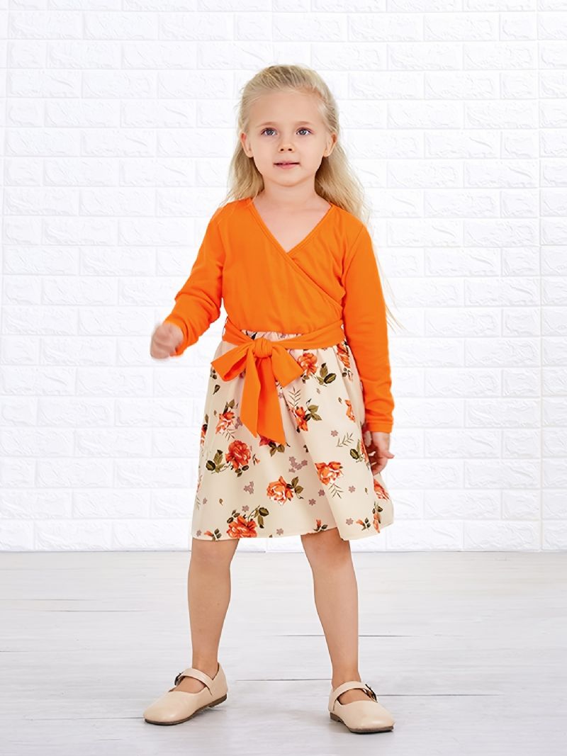 Baby Piger Langærmet Kjole V-hals Blomster Stitching Orange Børnetøj