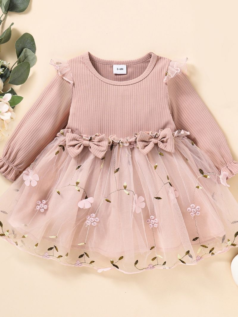 Baby Piger Mesh Kjole Langærmet Sløjfe Blomsterbroderet Prinsesse Tøj Pink