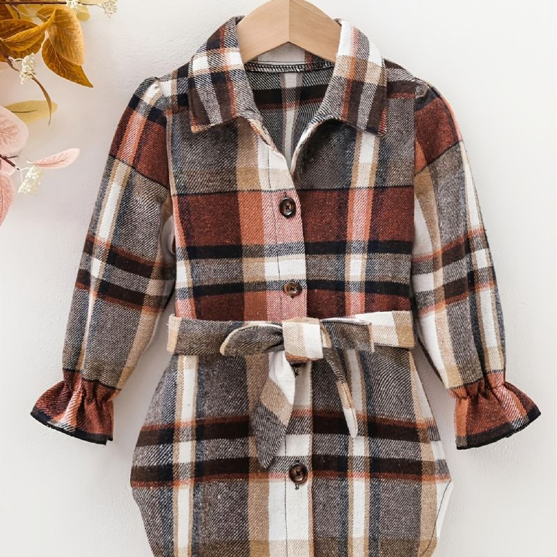 Baby Piger Plaid Knap Bluse Kjole Med Bælte Børnetøj