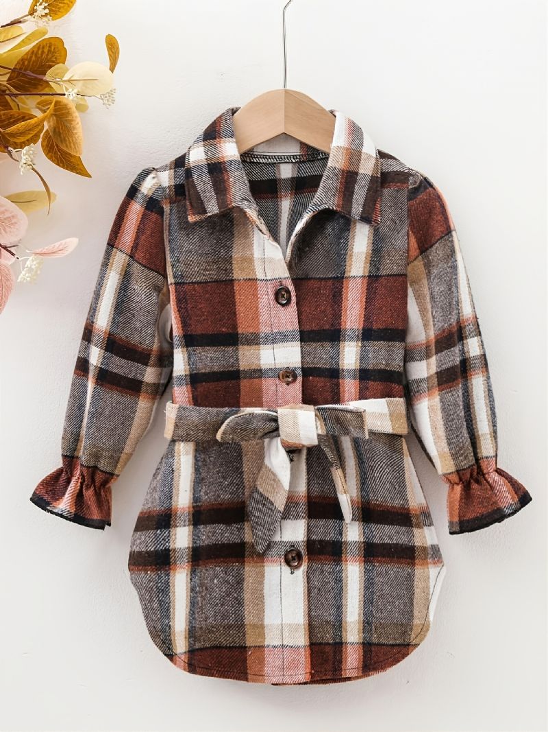 Baby Piger Plaid Knap Bluse Kjole Med Bælte Børnetøj