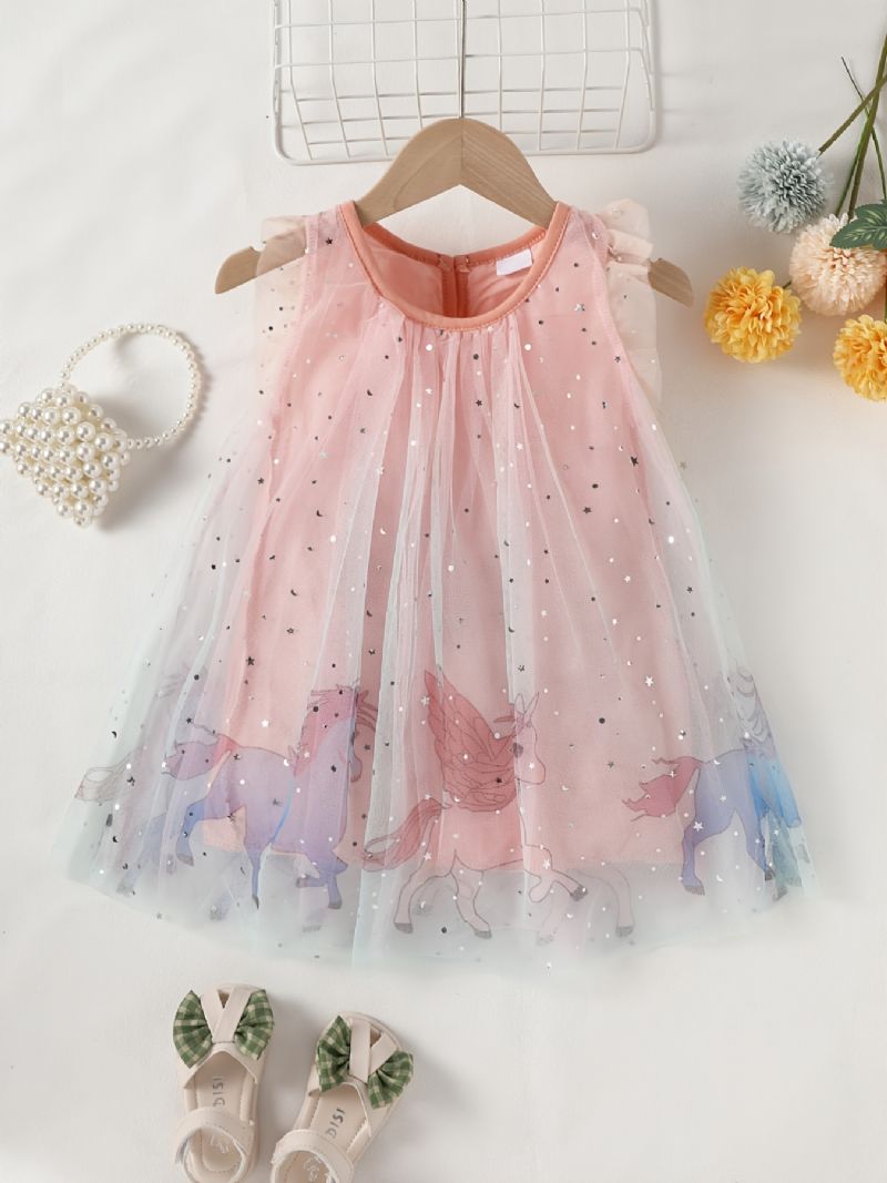 Baby Piger Unicorn Print Mesh Splejsning Ærmeløs Kjole