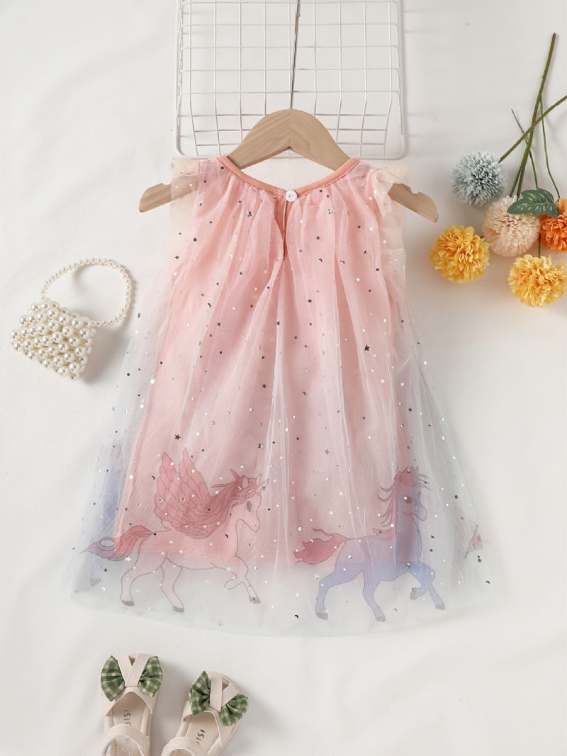 Baby Piger Unicorn Print Mesh Splejsning Ærmeløs Kjole