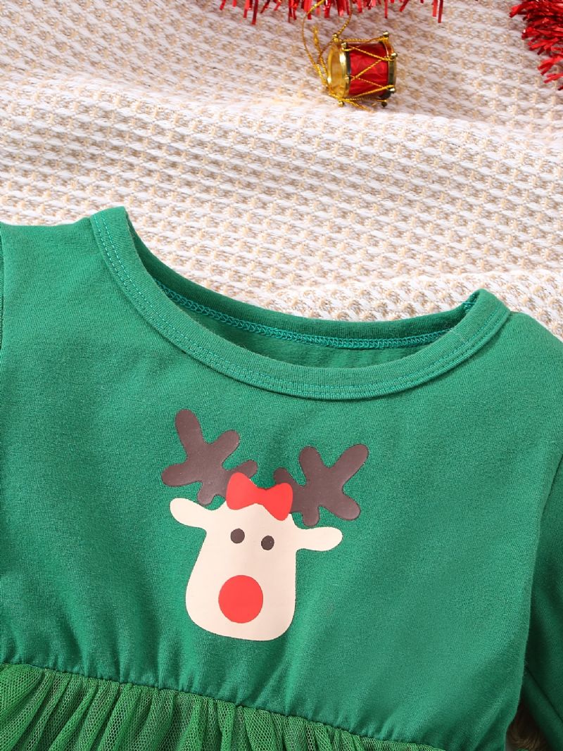 Babypiger Casual Stitching Mesh Prinsessekjole Med Elgprint Til Julefest