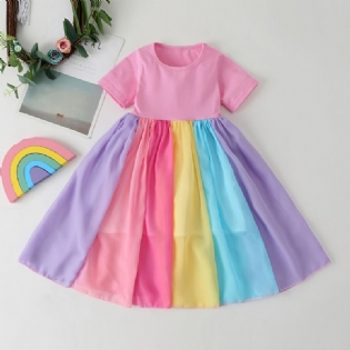 Babypiger Color Block Kjole Kortærmet Rainbow Mesh Festkjole Børnetøj