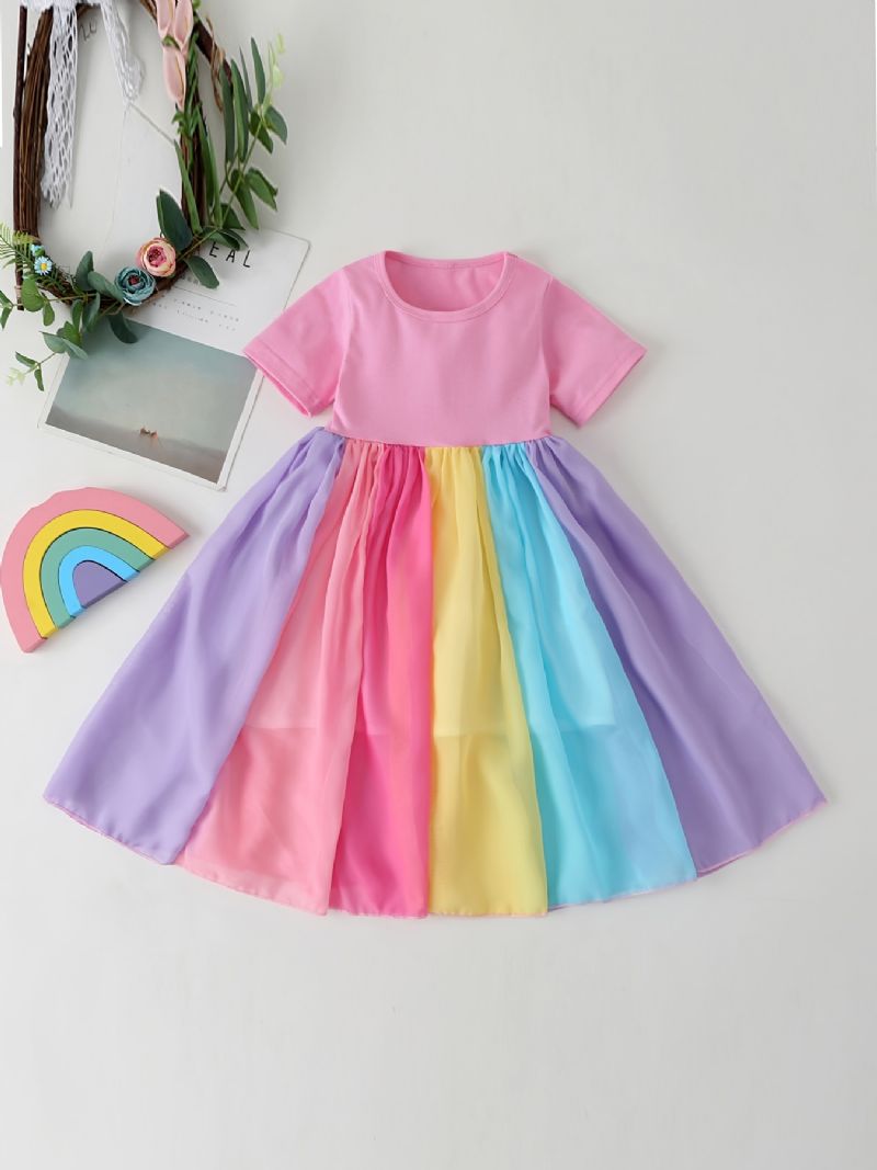 Babypiger Color Block Kjole Kortærmet Rainbow Mesh Festkjole Børnetøj