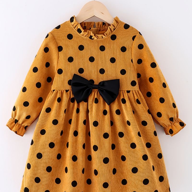 Babypiger Corduroy-kjole Rundhalset Langærmet Polka Dots Bow Dress Børnetøj