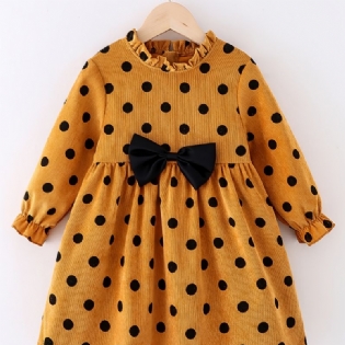 Babypiger Corduroy-kjole Rundhalset Langærmet Polka Dots Bow Dress Børnetøj