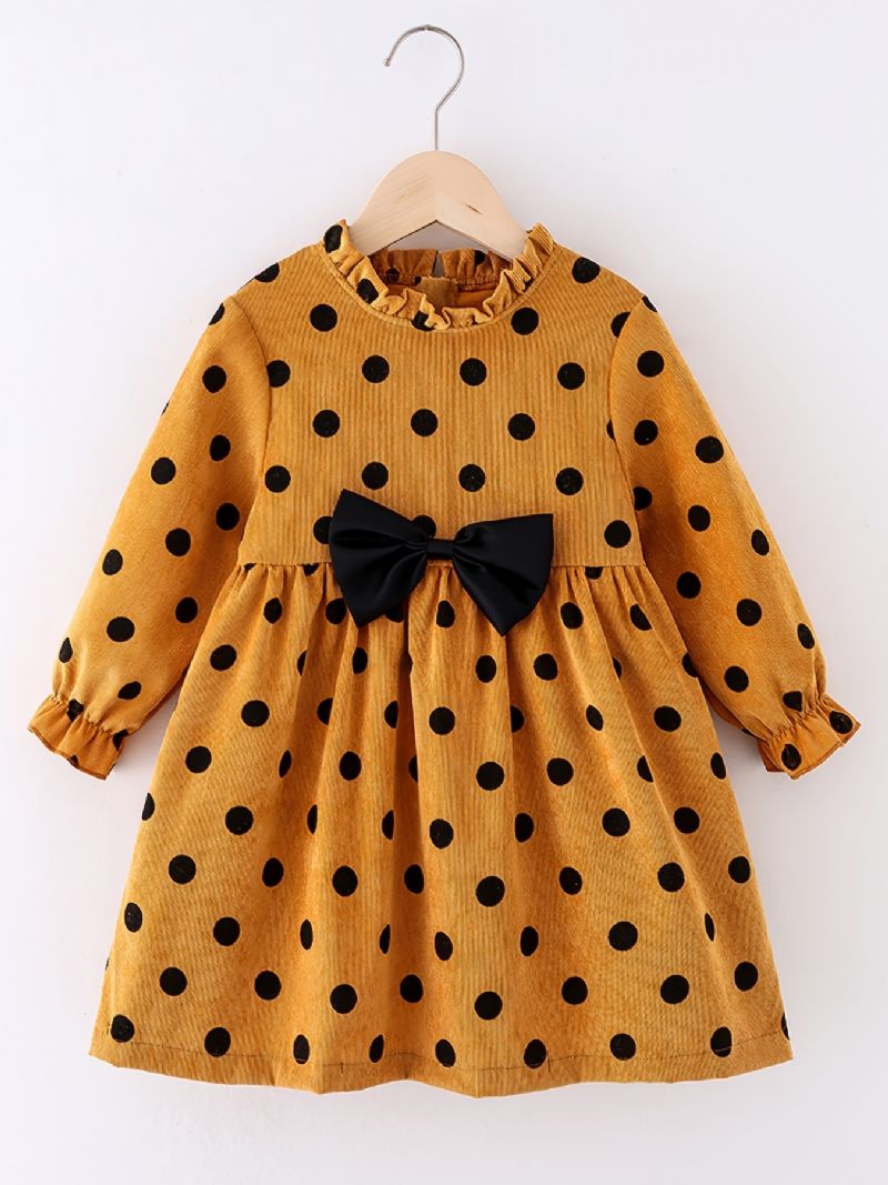 Babypiger Corduroy-kjole Rundhalset Langærmet Polka Dots Bow Dress Børnetøj