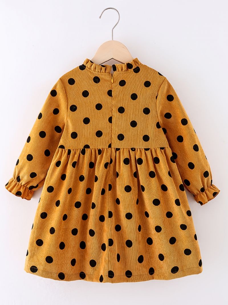 Babypiger Corduroy-kjole Rundhalset Langærmet Polka Dots Bow Dress Børnetøj