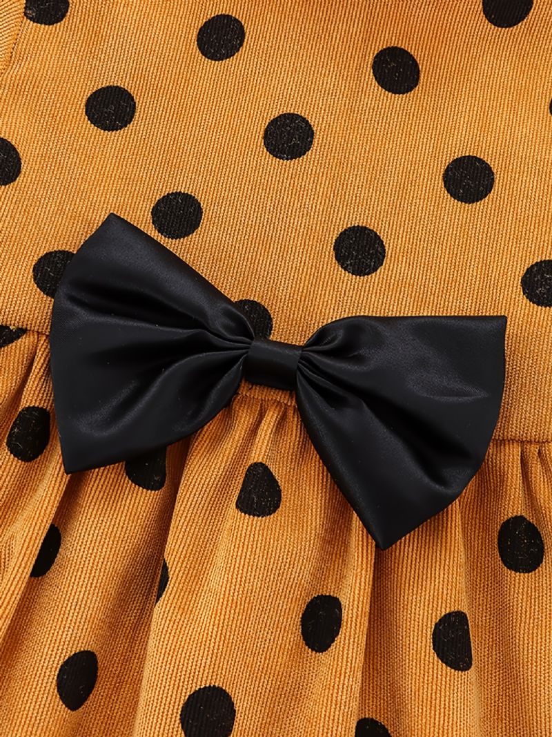 Babypiger Corduroy-kjole Rundhalset Langærmet Polka Dots Bow Dress Børnetøj