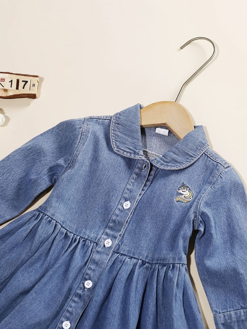 Babypiger Denimkjole Unicorn Broderi Langærmet Knapkjole Og Shortssæt Børnetøj