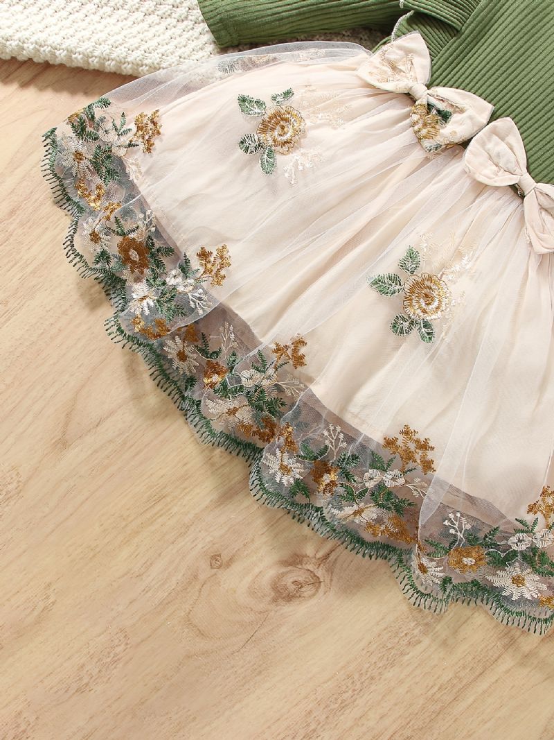 Babypiger Elegant Pjusket Mesh Patchwork Prinsessekjole Med Blomsterbroderi Sløjfe Til Fest