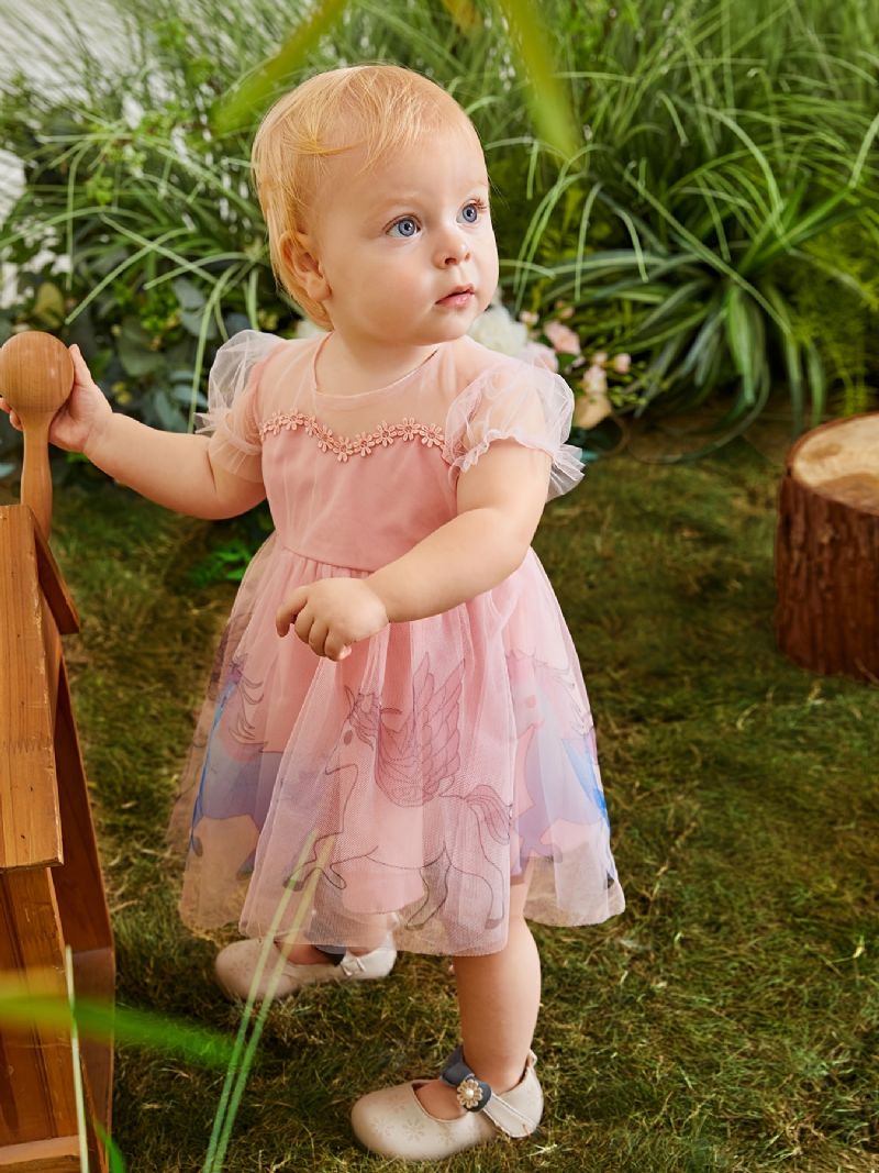 Babypiger Elegant Sød Mesh Prinsessekjole Med Enhjørning Print Til Fødselsdagsfest Pink