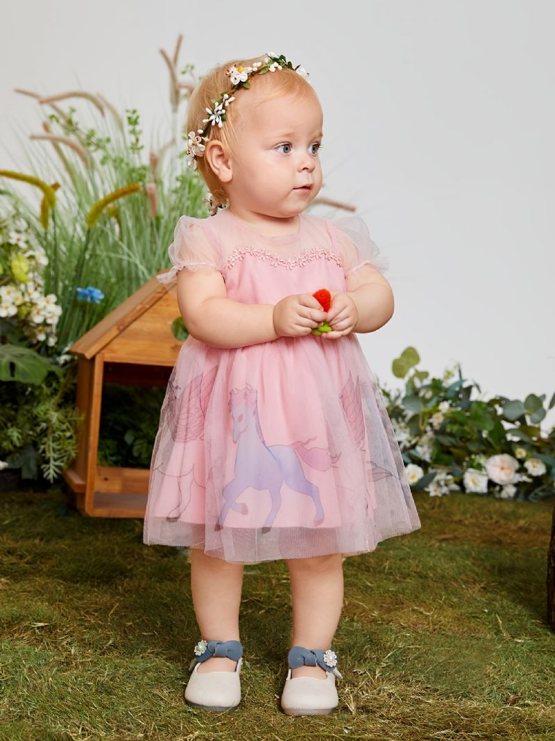Babypiger Elegant Sød Mesh Prinsessekjole Med Enhjørning Print Til Fødselsdagsfest Pink