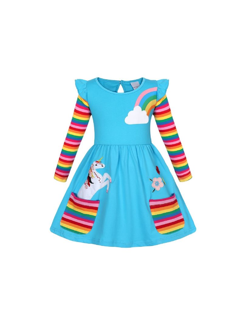 Babypiger Langærmede Flæser Kjole Unicorn Blomster Broderi Rainbow Pocket Dress Børnetøj