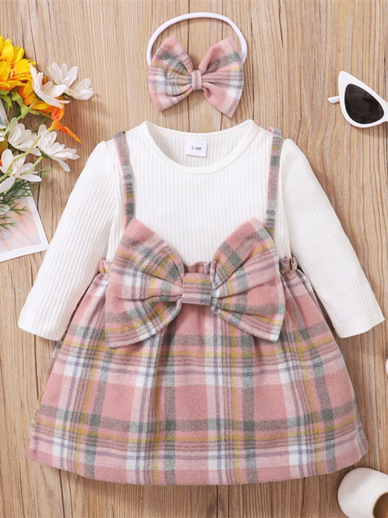 Babypiger Plaid Print Bowknot Decor Dress Nederdel & Pandebånd Sæt Babytøj Vinter Nyhed