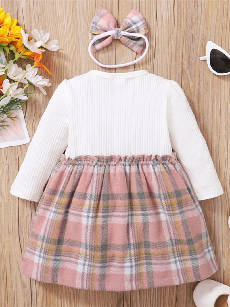 Babypiger Plaid Print Bowknot Decor Dress Nederdel & Pandebånd Sæt Babytøj Vinter Nyhed