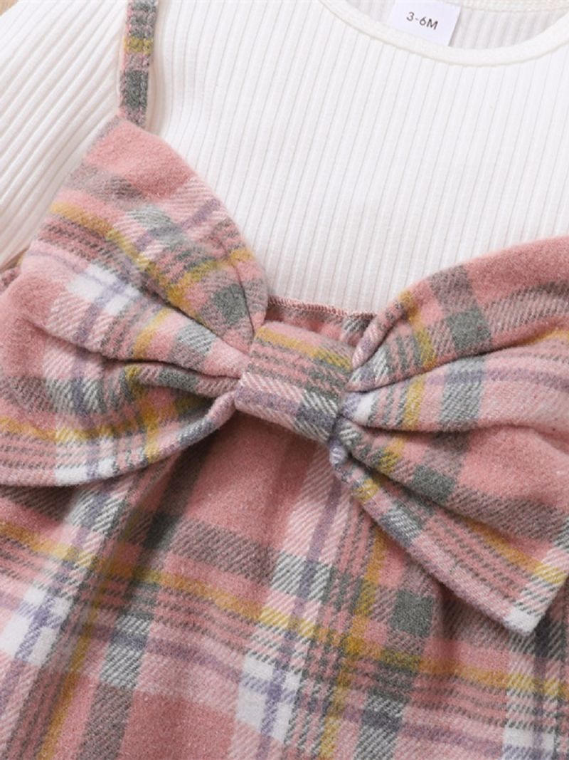 Babypiger Plaid Print Bowknot Decor Dress Nederdel & Pandebånd Sæt Babytøj Vinter Nyhed