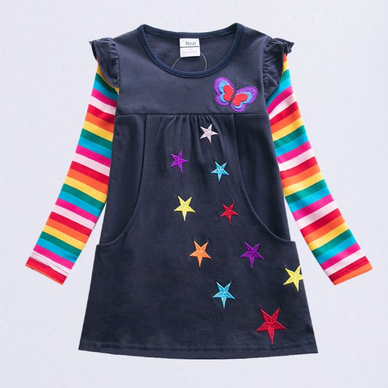 Langærmet Star Butterfly Broderet Rainbow Sleeve To Pocket A-line Kjole