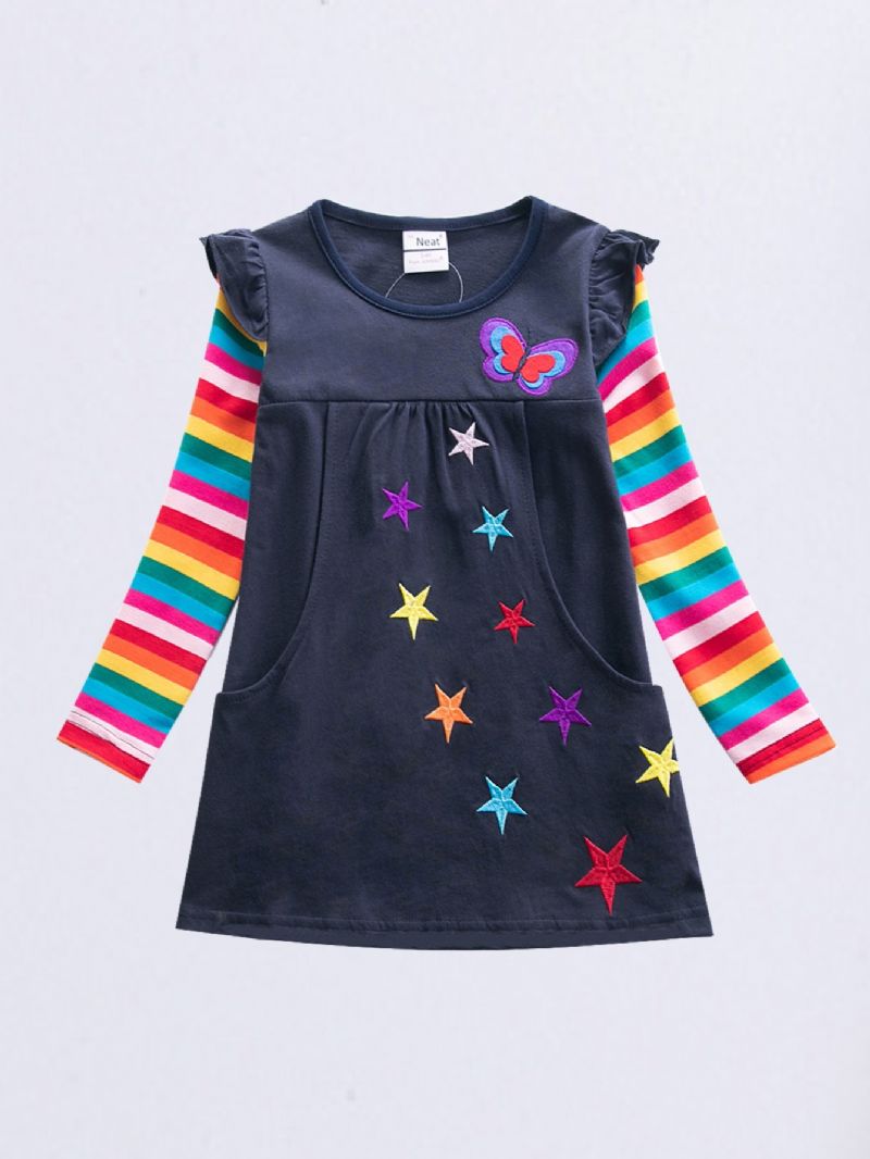 Langærmet Star Butterfly Broderet Rainbow Sleeve To Pocket A-line Kjole