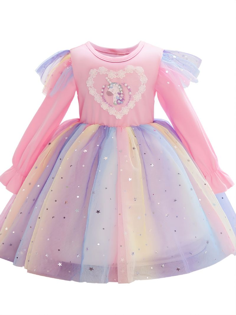 Pige Kjole Langærmet Unicorn Print Regnbue Pailletter Star Mesh Prinsesse Tutu Festkjole