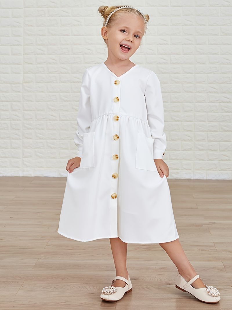 Pige Solid Langærmet Button Up Casual Dress Børnetøj