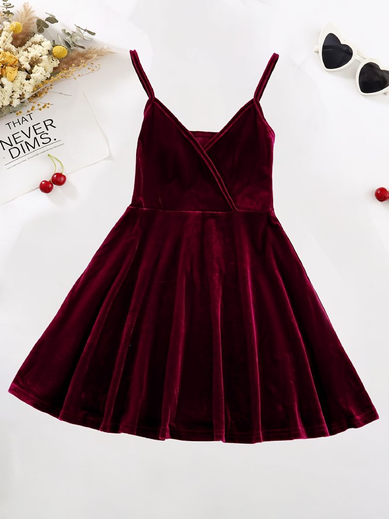 Piger Burgundy Velvet Spaghetti Stap Cami Dress Børnetøj